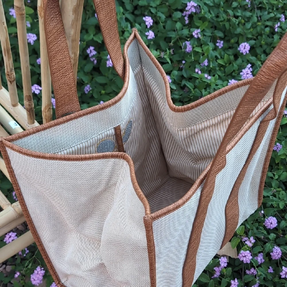 Brown and Cream Tote Bag with Tennis Racket Design